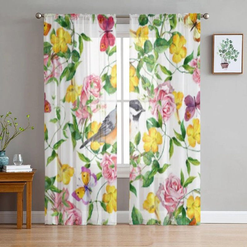 A Family Of Home Textiles Transparente Tüll-Vorhänge mit Blumen- und Schmetterlingsmuster in Weiß und Gelb, Breite: 135 cm, Höhe: 114 cm - Bild 5