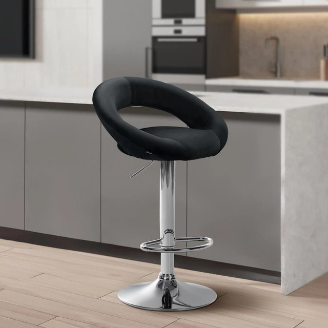 DELUKE Barhocker MEKIM Tresenhocker aus Samt in Schwarz mit Silber, höhenverstellbar, drehbar und mit Lehne, B/T/H: 53 x 47 x 80 cm - Bild 1