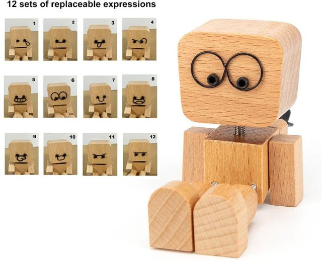 Handgefertigte Wackelnde Holzmann Figur für das Auto mit 12 magnetischen Gesichtsausdrücken in Braun - Bild 1