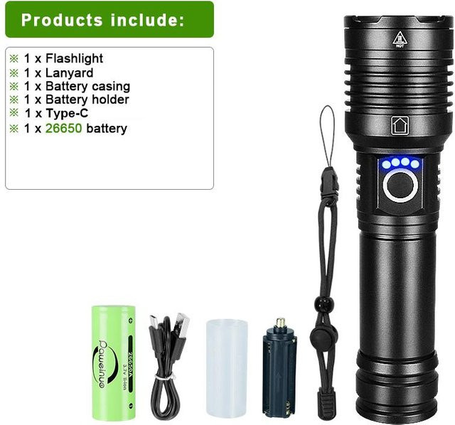 Pawell Ultrahelle LED-Taschenlampe mit 100000 Lumen, wiederaufladbare Hochleistungs-Handtaschenlampe mit Zoom in Schwarz aus Aluminium - Bild 1