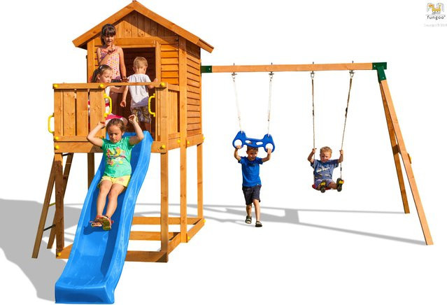 Fungoo Spielturm My House Move+ in Teak mit Rutsche, Doppelschaukel und Haus mit Holzdach - Bild 1