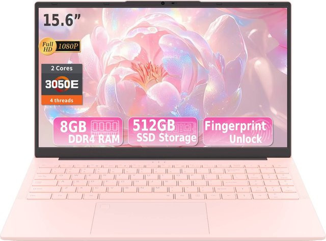 Auusda Laptop 15,6 Zoll in Pink mit 3050e-Prozessor, 8 GB DDR4 RAM und 512 GB SSD, Tastatur mit Hintergrundbeleuchtung und Fingerabdruck-Sensor - Bild 1