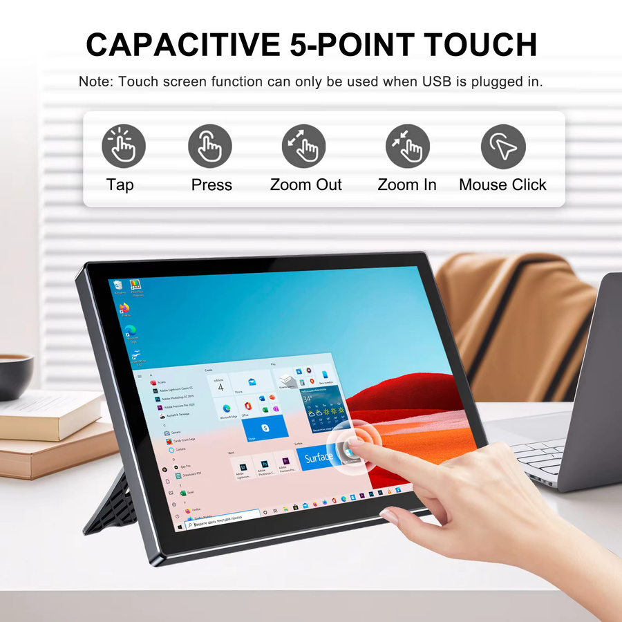 Unew 10,1 Zoll IPS Tragbarer Monitor mit 5-Punkt-Touchscreen, Full HD Auflösung, Dual-Lautsprecher und HDMI/USB-C Anschluss, Schwarz - Bild 4