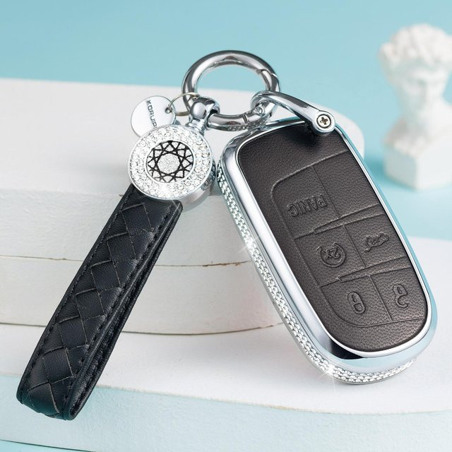 Jeep Schlüsselanhängerhülle aus echtem Leder mit Kristall-Design und Schlüsselring, kompatibel mit Jeep Smart Key 3 und 4, Farbe: Rosa/Schwarz - Bild 1