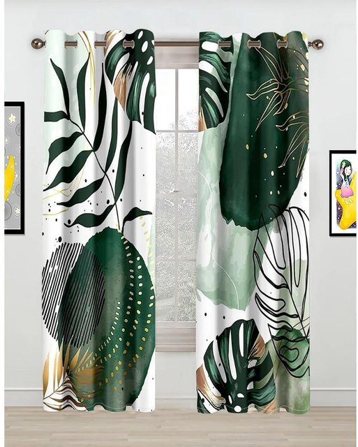 2er-Set Tropical Blatt Vorhang mit tropischem Pflanzenmuster in Grün und Weiß, Aquarell-Design mit Palmen und Bananenbäumen, halbtransparent, B: 75 cm, H: 166 cm - Bild 1