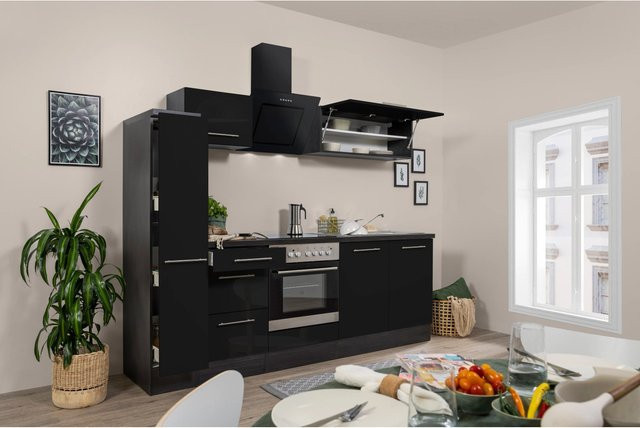 Respekta Premium Küchenzeile modern in Schwarz Hochglanz und Eiche Grau mit Soft-Close-Türen, B/T/H: 240 x 60 x 200 cm - Bild 1