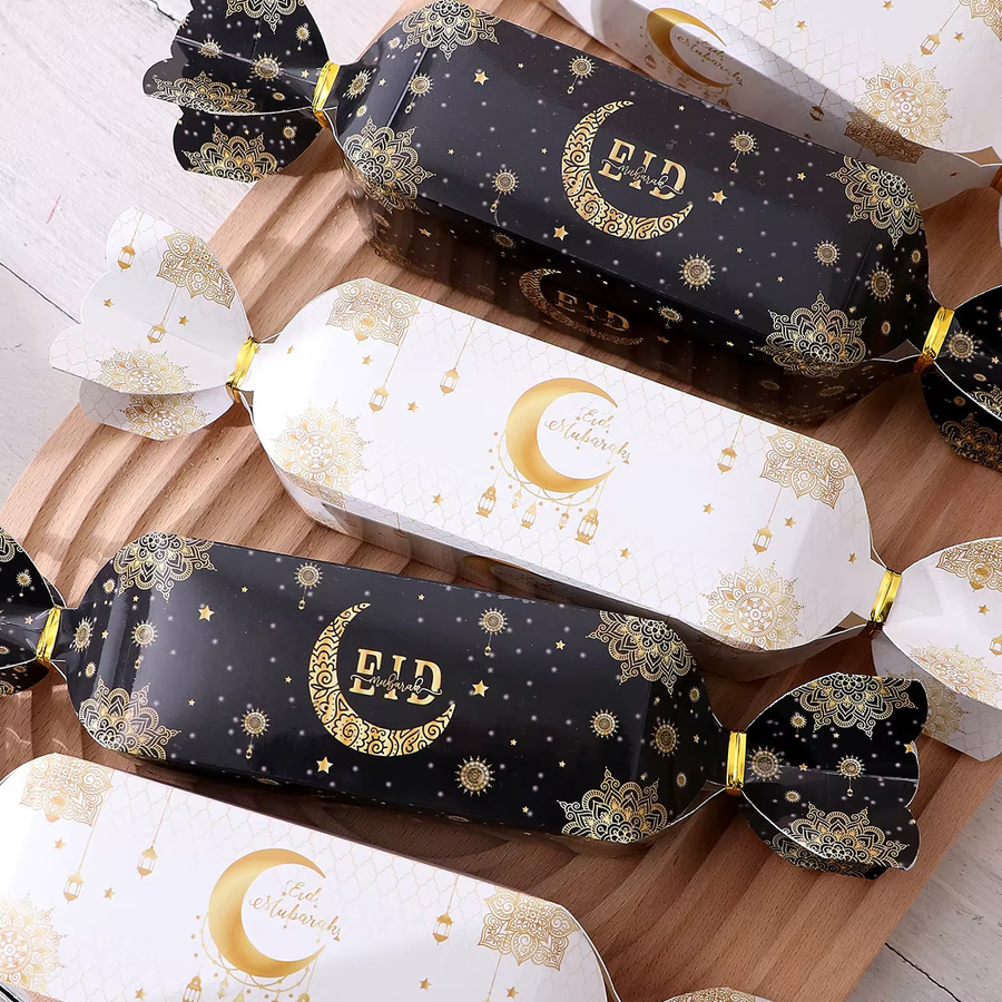 5 luxuriöse Eid-Geschenktüten mit goldenen Hängelaternen-Designs und Bandverschluss in Gold und Weiß für Datteln, Süßigkeiten und kleine Geschenke - Bild 1