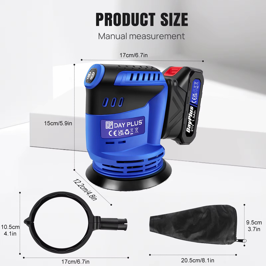21V Akku-Exzenterschleifer in Blau mit 190W Leistung, 3-stufig einstellbar und 11000 OPM max., inklusive Staubbeutel und 12 Schleifpapierblättern für Holz, Metall und Farbe - Bild 2