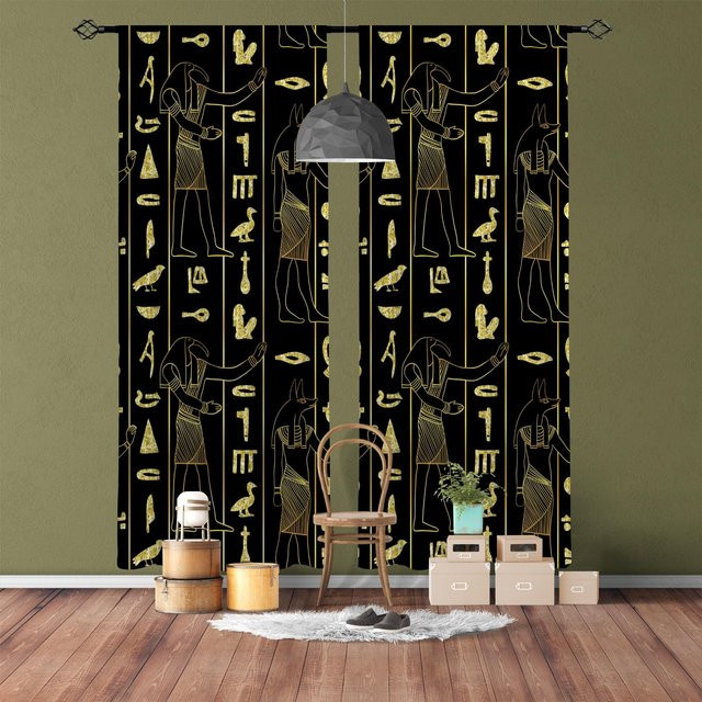 Dekorative Wandbehang-Paneele im antiken ägyptischen Design, lichtfilternde Vorhänge aus Polyester, Schwarz, B: 50 cm, H: 130 cm, 2er-Set - Bild 1