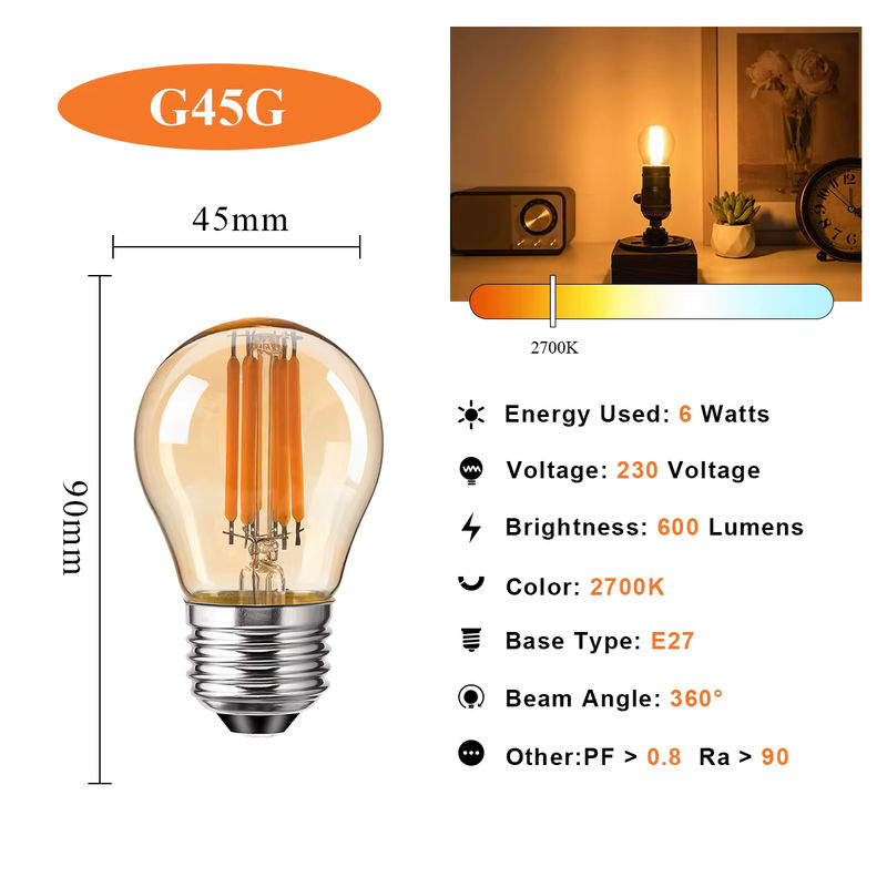 GANRILAND Vintage G45 Edison LED-Glühbirne E27, dimmbare Filament-Kugellampe aus bernsteinfarbenem Glas, Warmweiß 2200K - Bild 2