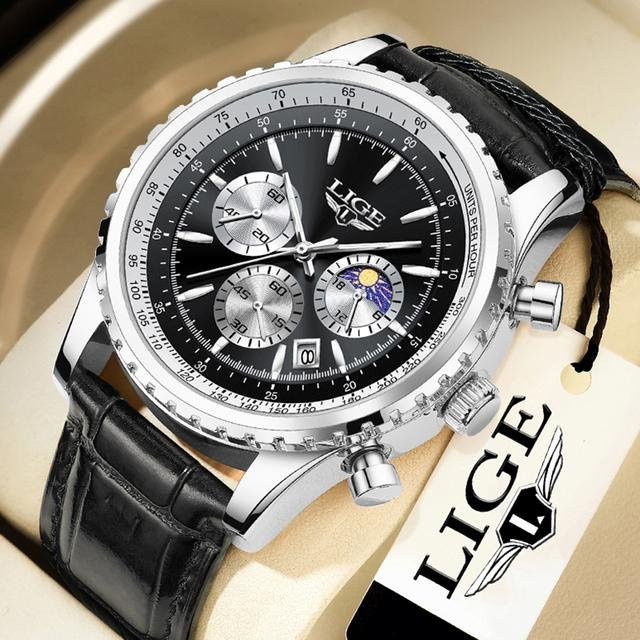 LIGE Armbanduhr, Quarz, Chronograph, Edelstahl, Schwarz, Silber, Herren - Bild 1