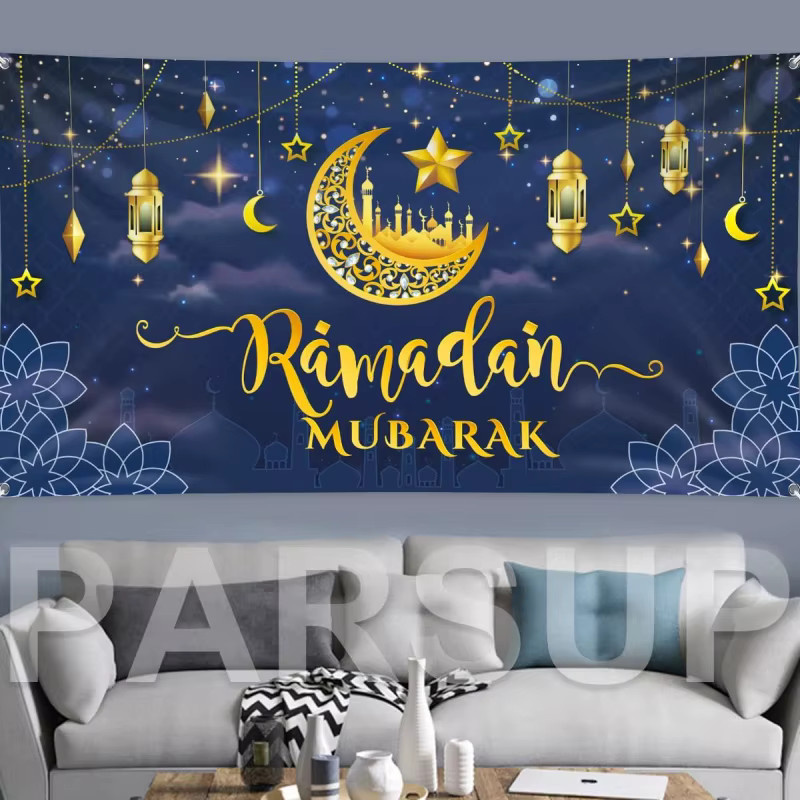 VIKAMA Ramadan Kareem Banner Blau mit Mond-Motiv als orientalische Dekoration und Fotokulisse - Bild 4