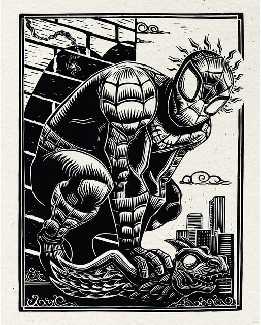 Komar Wandbild Marvel Spider-Man Lino-Cut in Schwarz-Weiß, Breite: 40 cm, Höhe: 50 cm - Bild 1