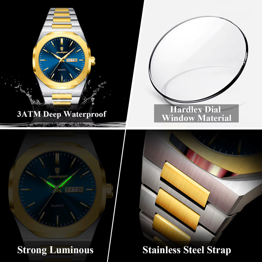 POEDAGAR Armbanduhr Edelstahl, Quarz, Blau, Herren - Bild 3