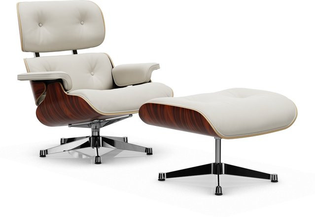 Vitra Lounge Chair mit Ottoman aus weißem Premiumleder und Holzfurnier - Bild 1