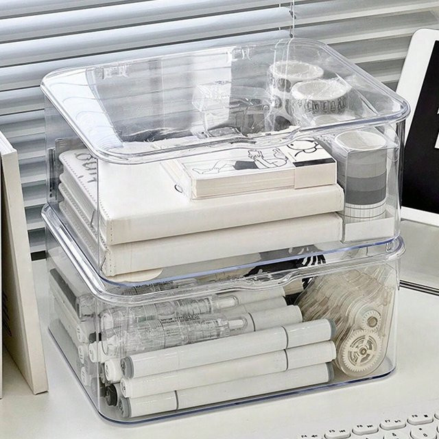 Transparente Acryl-Aufbewahrungsbox im Clamshell-Design als Mehrzweck-Organizer für Schreibwaren und Home-Office-Essentials - Bild 1