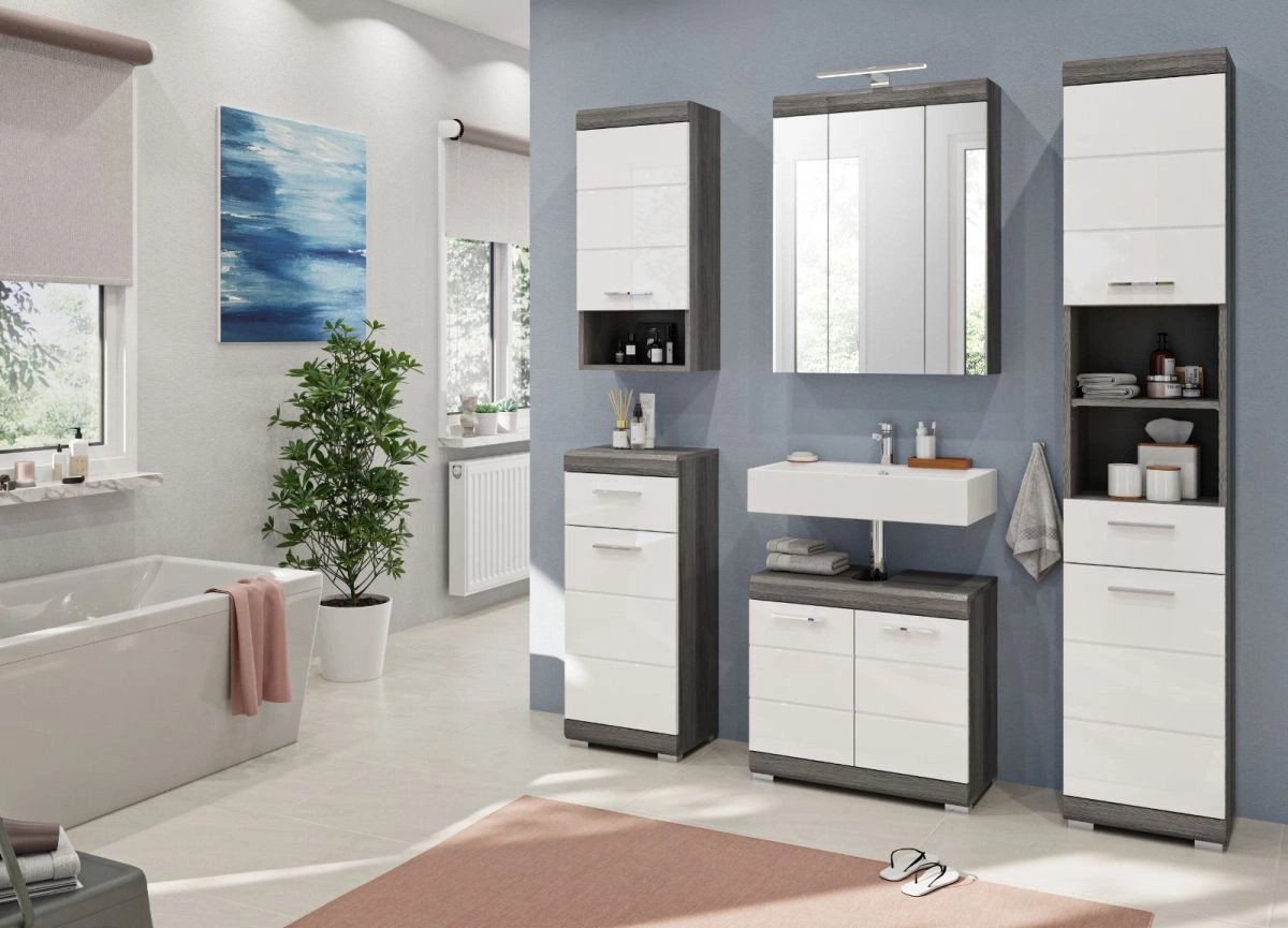 Inn.Furn Badmöbel Set Shawn 2-teilig in Weiß Hochglanz und Grau mit Spiegelschrank und Waschtischunterschrank, Breite: 60 cm - Bild 3