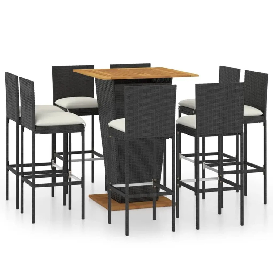 vidaXL 9-teiliges Gartenbar-Set aus Poly Rattan und Akazienholz in Schwarz mit Kissen - Bild 2