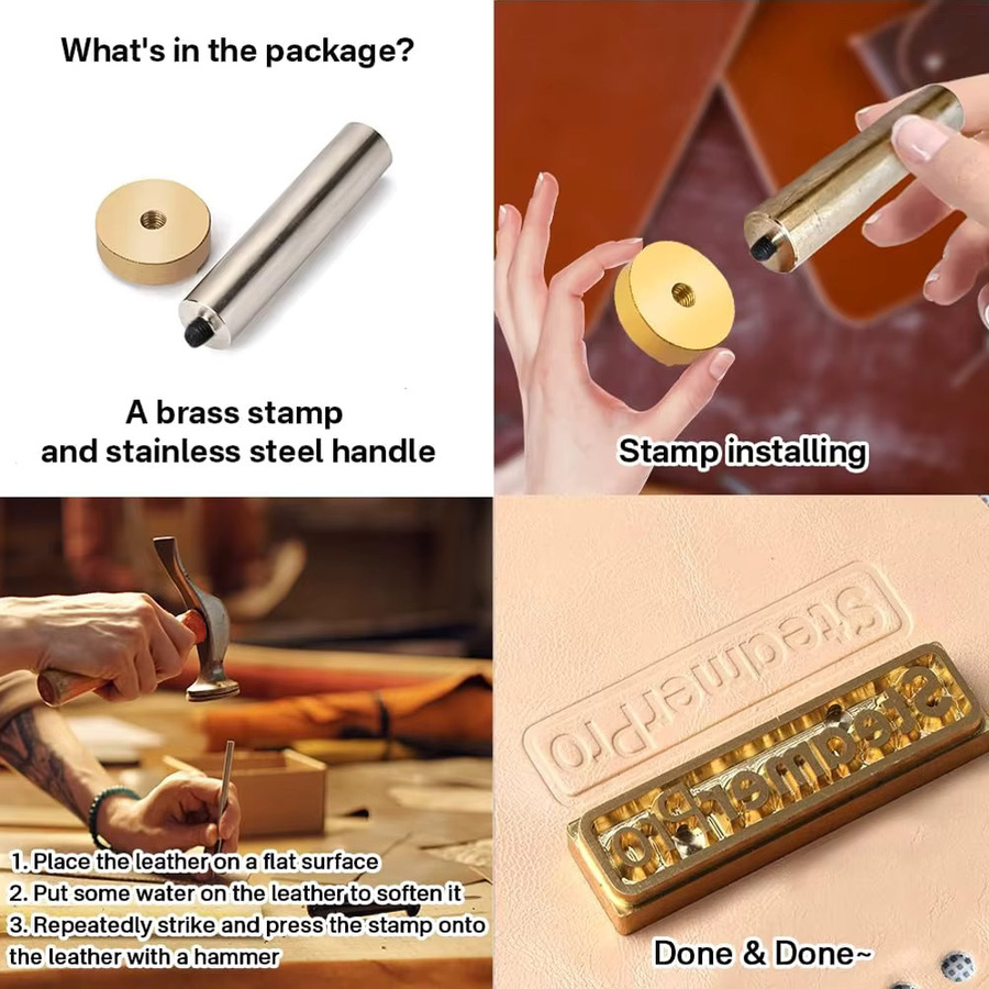 Individueller Lederstempel aus Messing zur Personalisierung mit Logo und Text, Goldfarbenes Prägewerkzeug für das Lederhandwerk - Bild 2