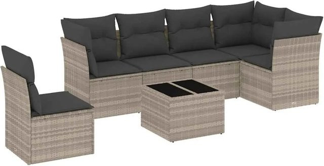 vidaXL 7-tlg. Garten-Sofagarnitur aus Polyrattan in Grau mit L-Form, Ecksofa, 3-Sitzer und Couchtisch mit UV-beständigen Kissen - Bild 1