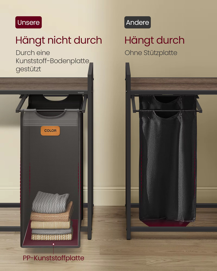 VASAGLE Wäschekorb mit 3 Fächern und Ablage, Rollbarer Wäschesammler und Wäschesortierer, schwarz-braun, 150 l - Bild 3