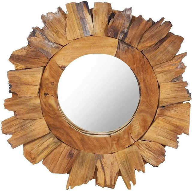 vidaXL Wandspiegel Rund aus Teak-Massivholz in Braun mit Blütenblatt-Muster, Durchmesser: 40 cm - Bild 1