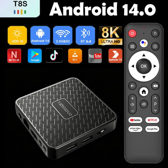 Android 14 Smart TV Box Rockchip RK3518 T8S Media Streamer mit 8K Video, Wifi6, Bluetooth 5.4 und Google Assistant in Schwarz - Bild 1
