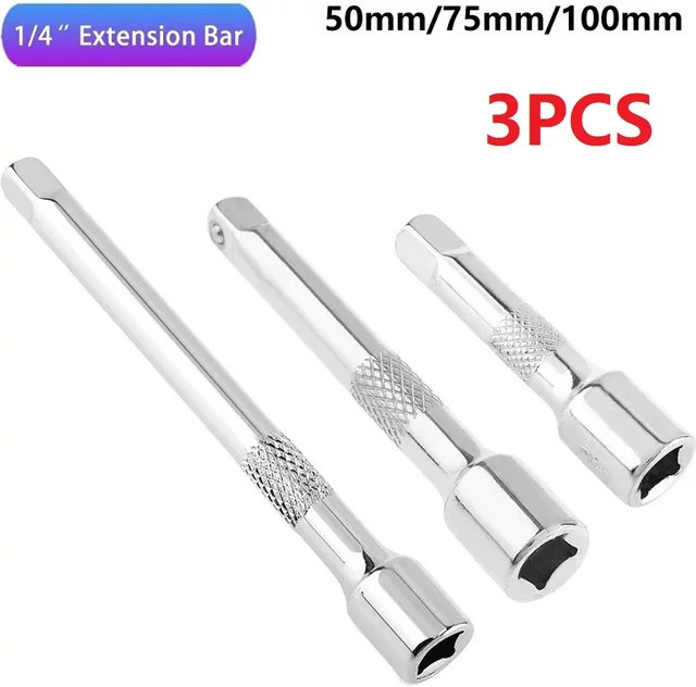 VIBRATITE 3er Set Steckschlüssel Verlängerung aus verchromtem Stahl, 1/4 Zoll, Silber, Längen: 50 mm, 75 mm und 100 mm - Bild 1