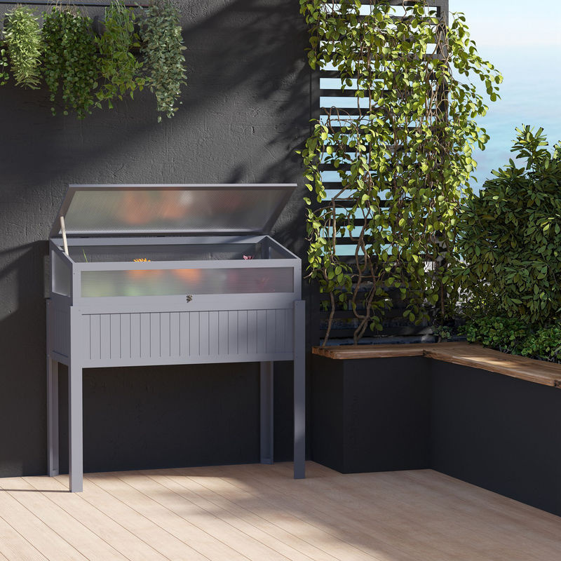 Outsunny 2-in-1 Hochbeet aus Tannenholz mit Gewächshaus aus Polycarbonat, Grau - Bild 2