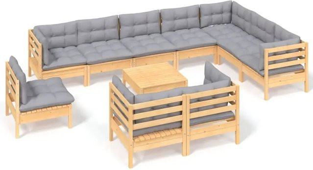 vidaXL 11-tlg Garten-Lounge-Set aus massivem Kiefernholz in Braun-Grau mit grauen Polstern und Kissen - Bild 1