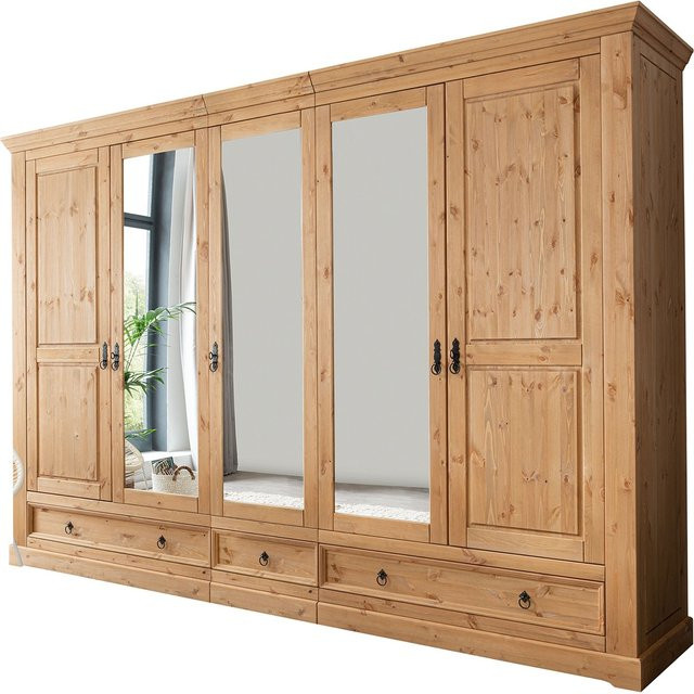 Kleiderschrank Baltic aus massiver Kiefer in Eichefarben mit 5 Türen und Spiegeltüren - Bild 1