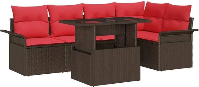 vidaXL Gartensofa-Set aus Poly-Rattan in L-Form mit 6 Kissen und Couchtisch, Braun/Rot, wetterfest und UV-beständig - Bild 1