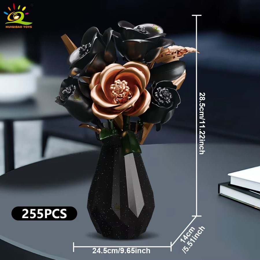 HUIQIBAO MOC Blumenmodell Bausteine Rose und Tulpe Bouquet in Schwarz und Weiß als 3D Ziegel Spielzeug für die Dekoration oder als Valentinstagsgeschenk für Mädchen - Bild 2