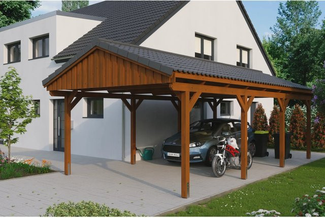 Skan Holz Carport Fichtelberg aus Fichte Leimholz in Nussbaum Braun, B/T: 423 x 808 cm, Höhe: 326 cm - Bild 1