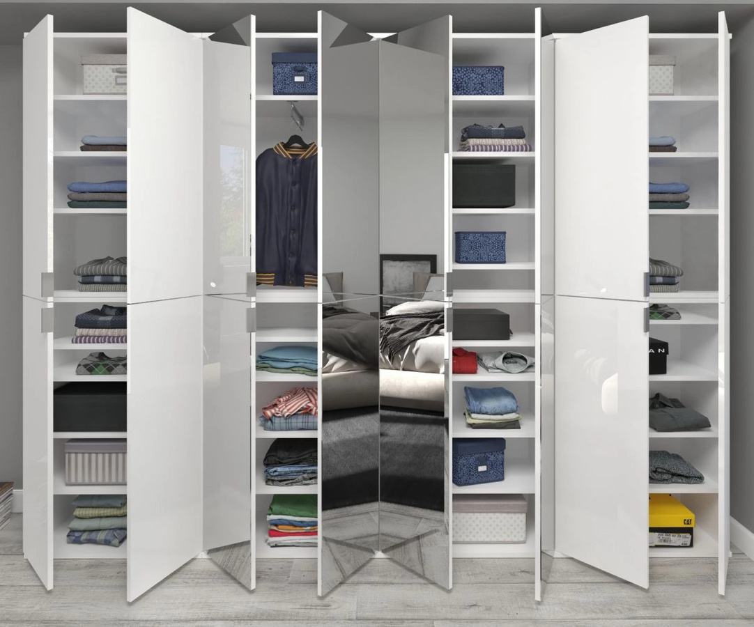 Inn.Furn Kleiderschrank SystemX in Weiß Hochglanz mit Spiegel und Hosenregal, B/H: 244 x 193 cm - Bild 3