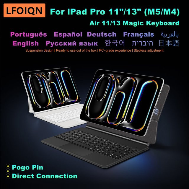 LFOIQN Smart Pogo Pin Magic Keyboard Hülle mit Trackpad für iPad Pro 11 und 13 Zoll, iPad Air 11 und 13 Zoll sowie iPad Pro 12.9 Zoll, erhältlich in Schwarz oder Weiß - Bild 1
