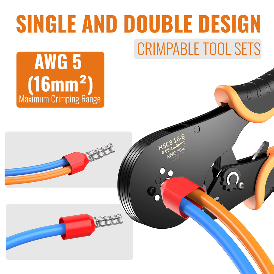 Sechskant-Kabelcrimpzangen-Set mit Ratschenfunktion für Aderendhülsen 0,08-16mm² AWG 30-5, inklusive 1200 Stück Einzel- und Doppelhülsenklemmen in Orange und Schwarz - Bild 4