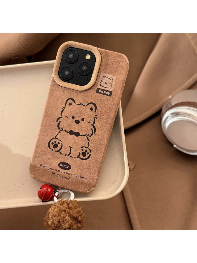 Potdemiel Handyhülle aus Wildleder mit Cartoon-Welpen-Design und Haarball-Anhänger für iPhone 11 bis 16 Pro Max, Farbe: Braun - Bild 6