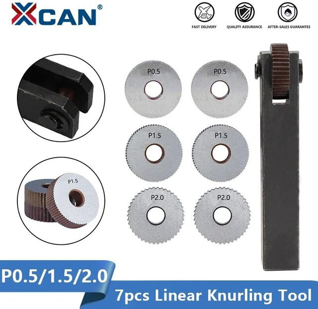 XCAN Einzelrad-Rändelwerkzeug-Set, 7-teilig, gerade und linear, Farbe: Silber, Rastermaß 0,5 mm, 1,5 mm und 2 mm für die Drehmaschine - Bild 1
