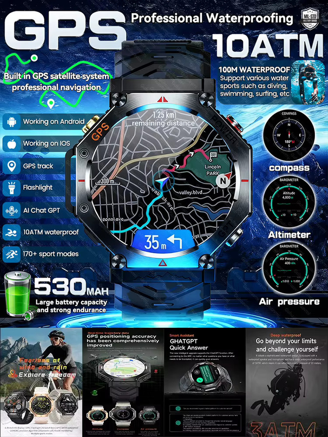 GUHUAVMI X-Sport Smartwatch für Erwachsene in Schwarz mit GPS, Kompass, Höhenmesser, 10ATM Wasserdichtigkeit und Bluetooth-Anruffunktion - Bild 7