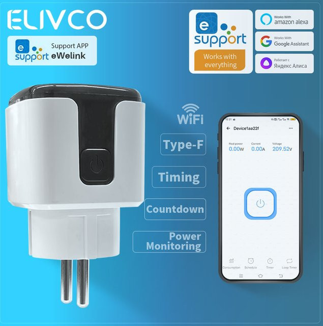 Elivco eWelink Smart Plug WiFi 16A Steckdose mit Timer und Förderungsüberwachung in Weiß, kompatibel mit Google Assistant und Alexa - Bild 1