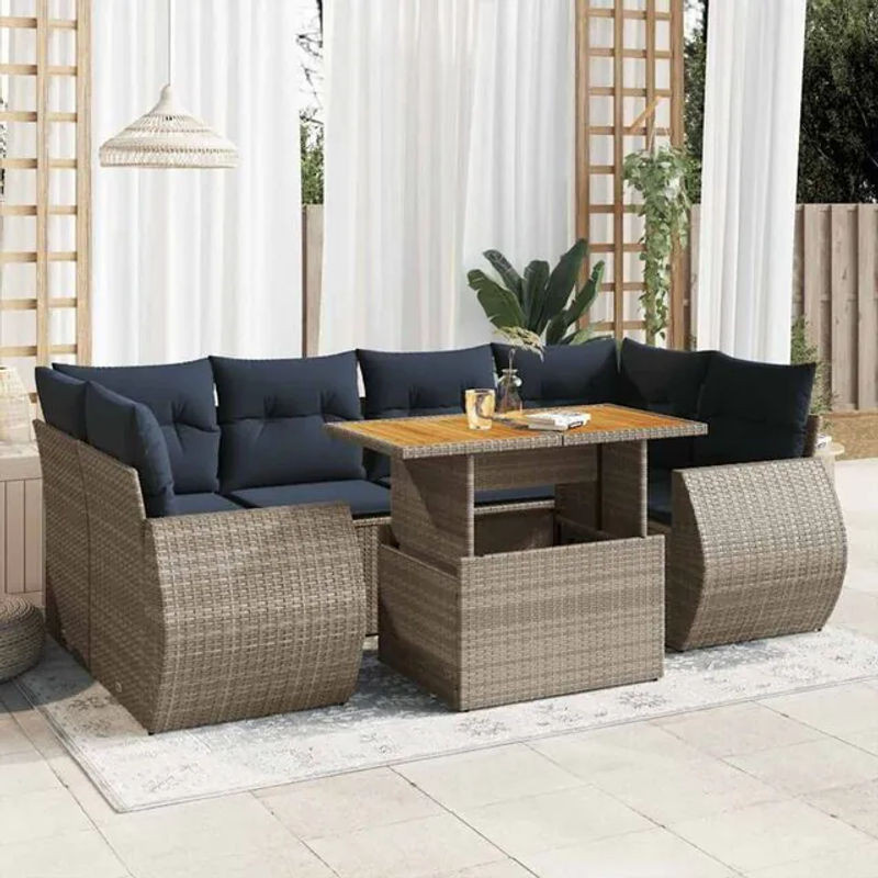 7-teilige moderne Garten-Sofagarnitur mit Kissen aus grauem Poly-Rattan von vidaxl - Bild 1