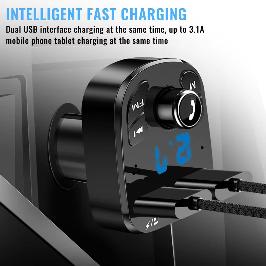 kebidumei Bluetooth 5.0 FM-Transmitter mit MP3-Funktion, Dual-USB-Autoladegerät und LED-Anzeige in Schwarz - Bild 2