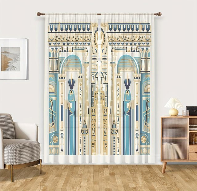 Dekorative Fenster Vorhänge mit ägyptischem Wandmalerei-Print, semi-transparent, Blau, 2er-Set inklusive Haken, Breite: 65 cm, Höhe: 60 cm - Bild 1