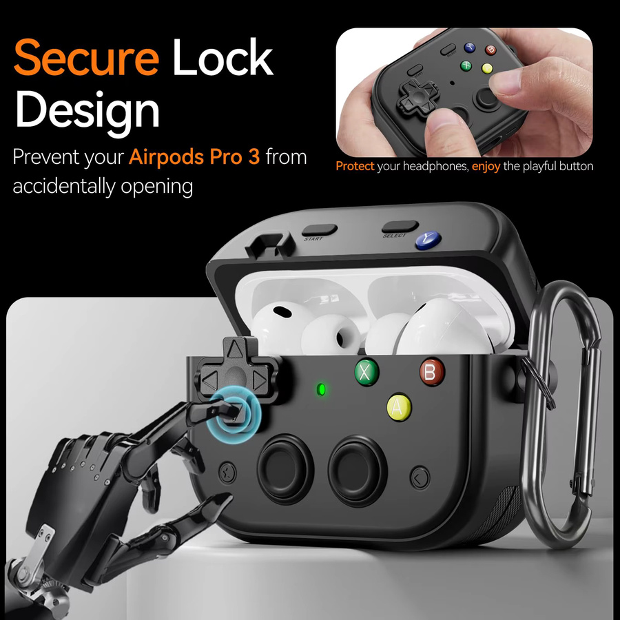 Schutzhüllen-Set im Spielkonsolen-Design für Apple AirPods Pro 3 in Schwarz und Grau inklusive Reinigungsset und Schlüsselanhänger - Bild 2