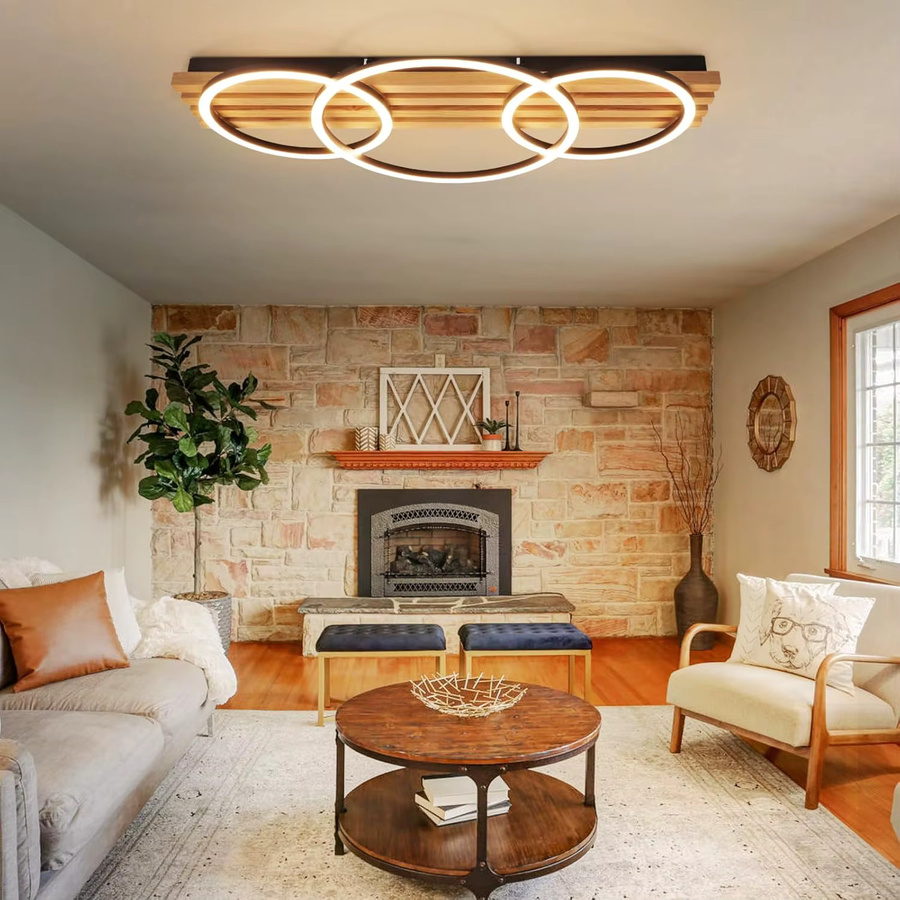 GBLY LED-Deckenleuchte aus Holz mit 3 Ringen, dimmbar mit Fernbedienung, 46W, Durchmesser: 70 cm, Weiß - Bild 4