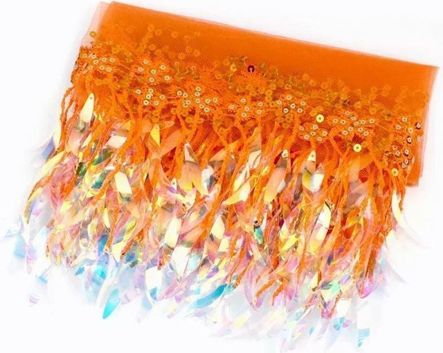 Netz-Besatz mit Quasten, Fransen und Pailletten in Orange für DIY-Nähzubehör und Bühnenkostüme - Bild 1
