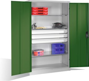C+P Schwerlastschrank mit Drehtüren, 3 Böden und 3 Schubladen, Front Resedagrün, Korpus Lichtgrau, H x B x T: 195 x 120 x 50 cm - Bild 1