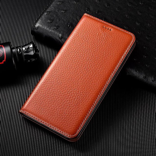 Stoßfeste Klapphülle aus echtem Leder für Samsung Galaxy S26, S26 Pro, S26 Ultra und S26 Edge in Orange - Bild 1