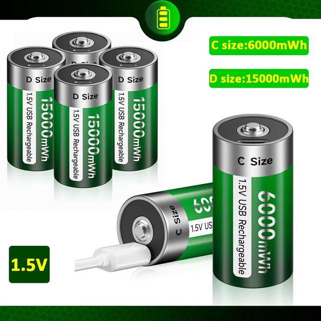 PALO Wiederaufladbare D-Größe Li-Ionen-Akkus LR20, 1,5V, 15000mWh, Farbe: Grün - Bild 1
